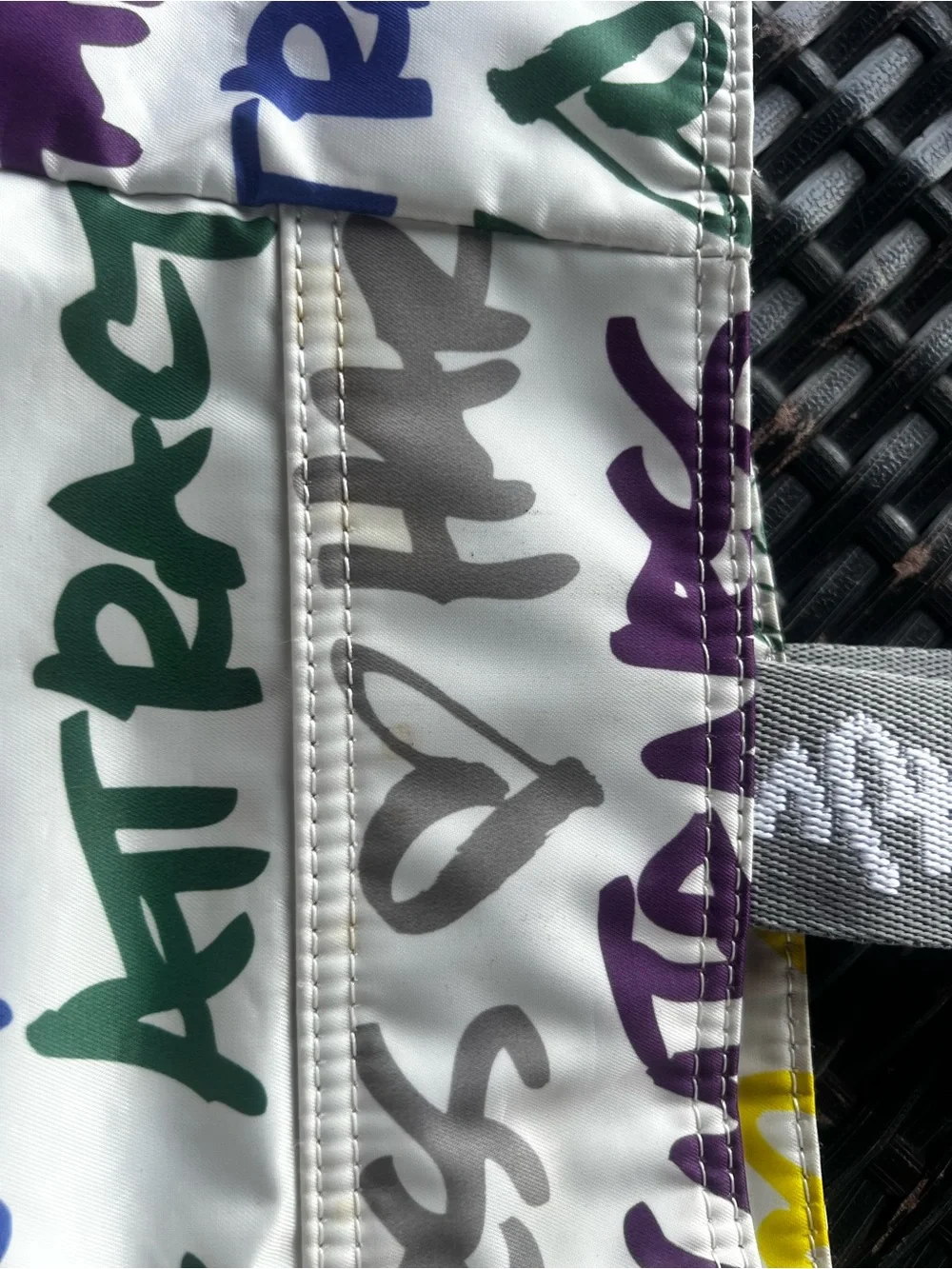 Harajuku Lovers White Multicolor Graffiti Tote with Gray Straps and Yellow Charm
